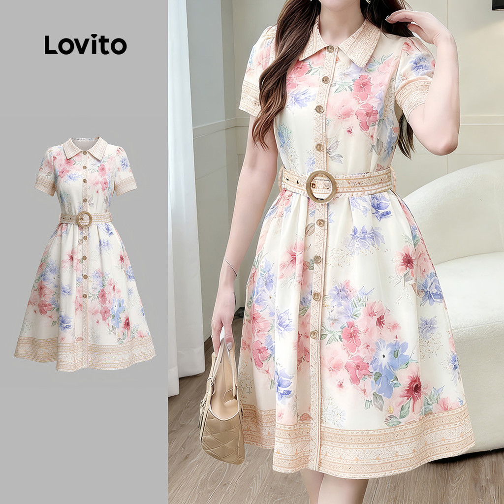 Lovito เดรสผู้หญิงทรงสวยพร้อมเข็มขัดติดกระดุมสําหรับฤดูใบไม้ผลิ/ฤดูร้อน LK5LD130