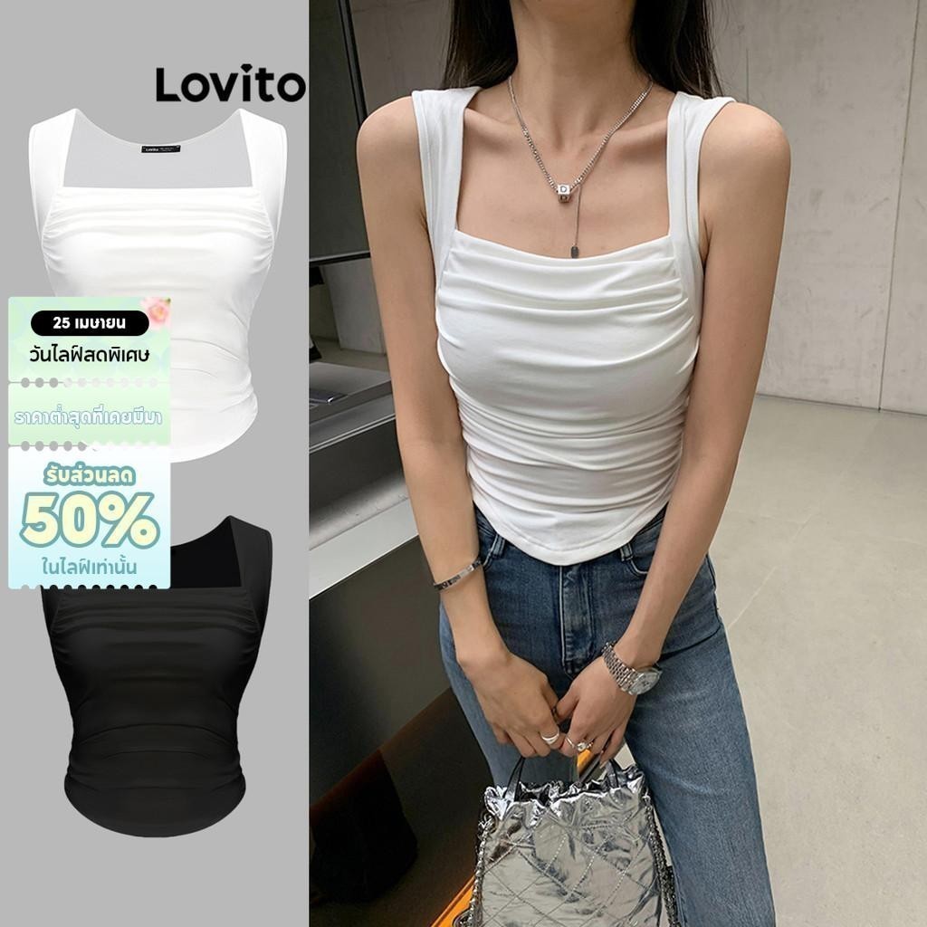 Lovito เสื้อกล้ามลําลองเสื้อกล้าม รูดระบายHanky ชายเสื้อสําหรับผู้หญิง L62ED045 (ขาว/ดํา)