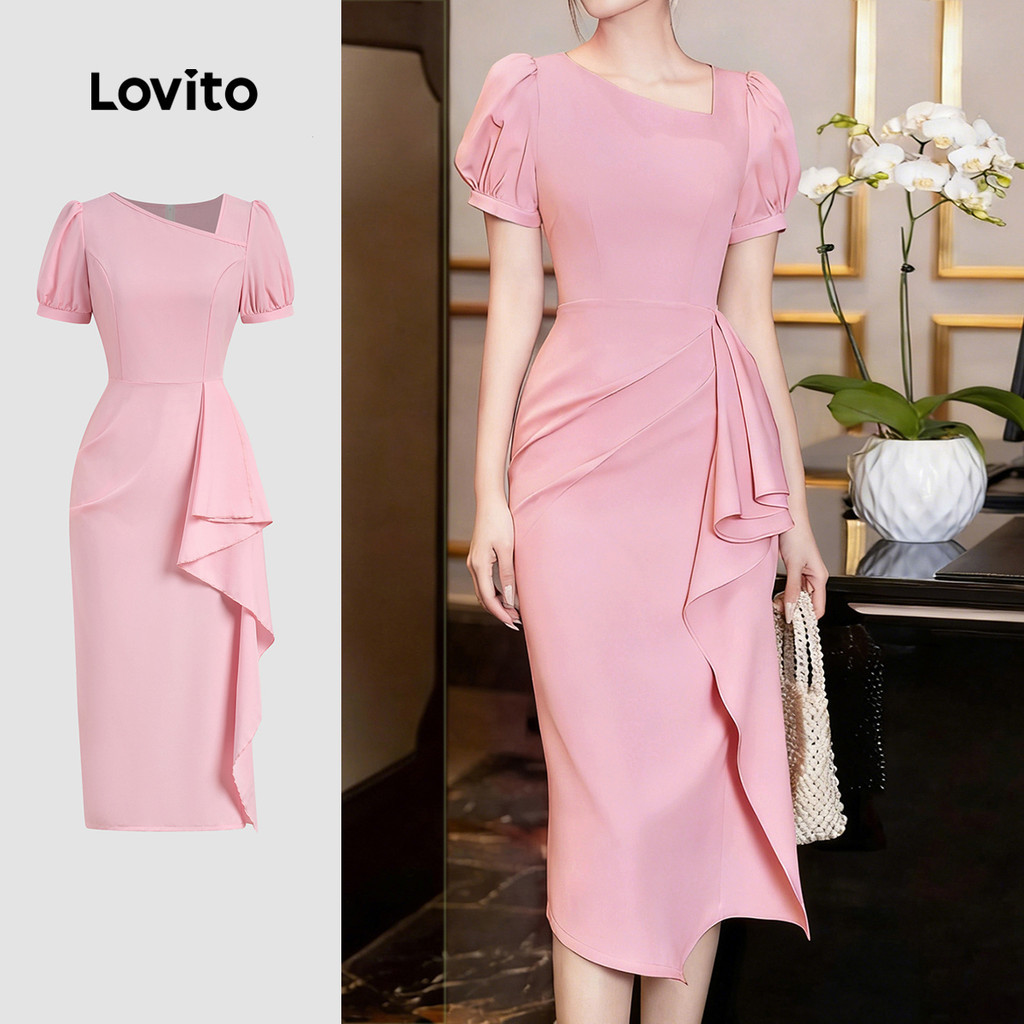 (NEW) Lovito  เดรสสีชมพู Elegant Dress Ruffle สําหรับผู้หญิงฤดูใบไม้ผลิ/ฤดูร้อน L178ED329