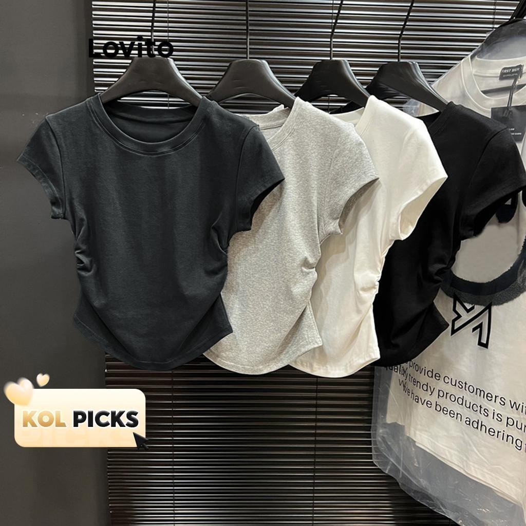 (KOL‘s pick) Lovito เสื้อยืดผู้หญิง แต่งจีบย่น สีพื้น สไตล์ลำลอง LNE35228 (หลากสี)