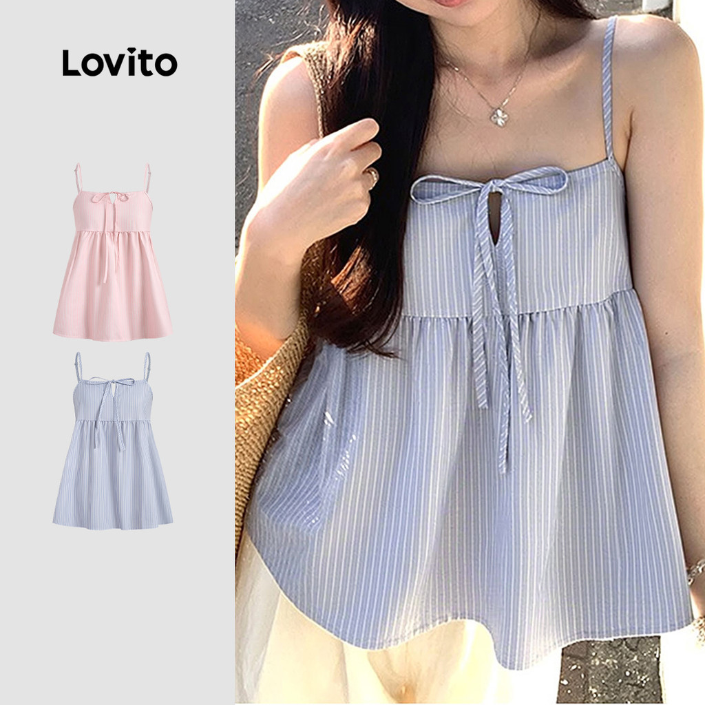 Lovito เสื้อลำลองเซ็กซี่ คอผูกด้านหน้า ทรงเรียบง่าย สไตล์ลำลอง สำหรับฤดูใบไม้ผลิ/ฤดูร้อน สีฟ้า สำหรับผู้หญิง LK3AD092