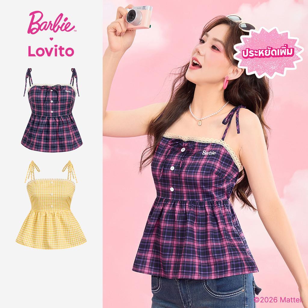 [Summer Sale] (New Arrival) Barbie™ X Lovito เสื้อเบลาส์ผู้หญิงคอระบายติดกระดุมด้านหน้า สไตล์ลําลอง ชายระบาย เหมาะสําหรับฤดูใบไม้ผลิ/ฤดูร้อน TKBL4PAD004