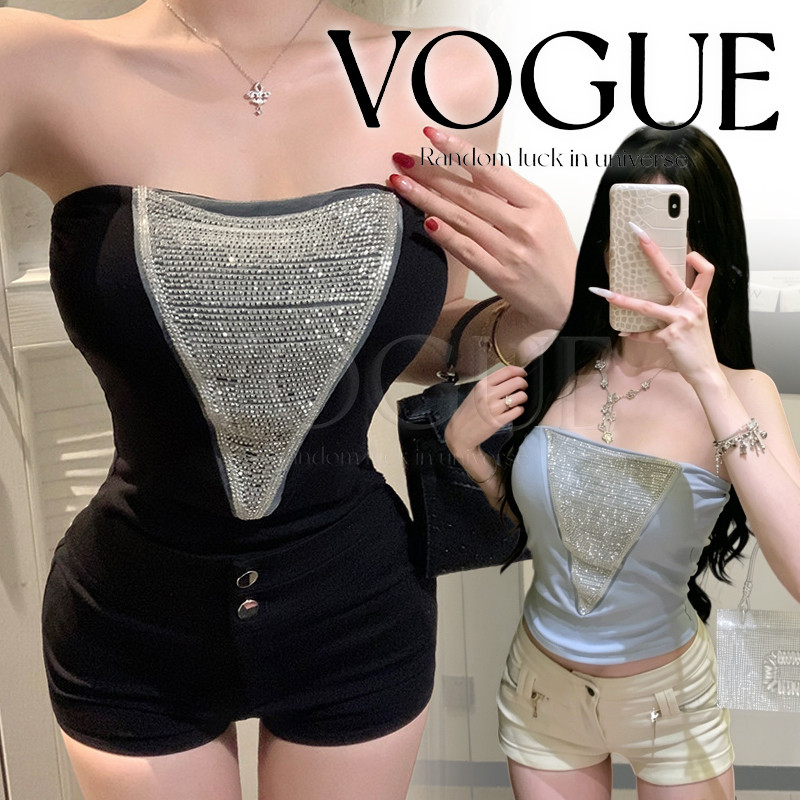 Vogue🌟พร้อมส่ง🌟 เสื้อเกาะอก ดีไซน์ร้อยลูกปัดสามเหลี่ยมเก๋ๆ เข้ารูปมีฟองน้ำในตัว (FY2979)