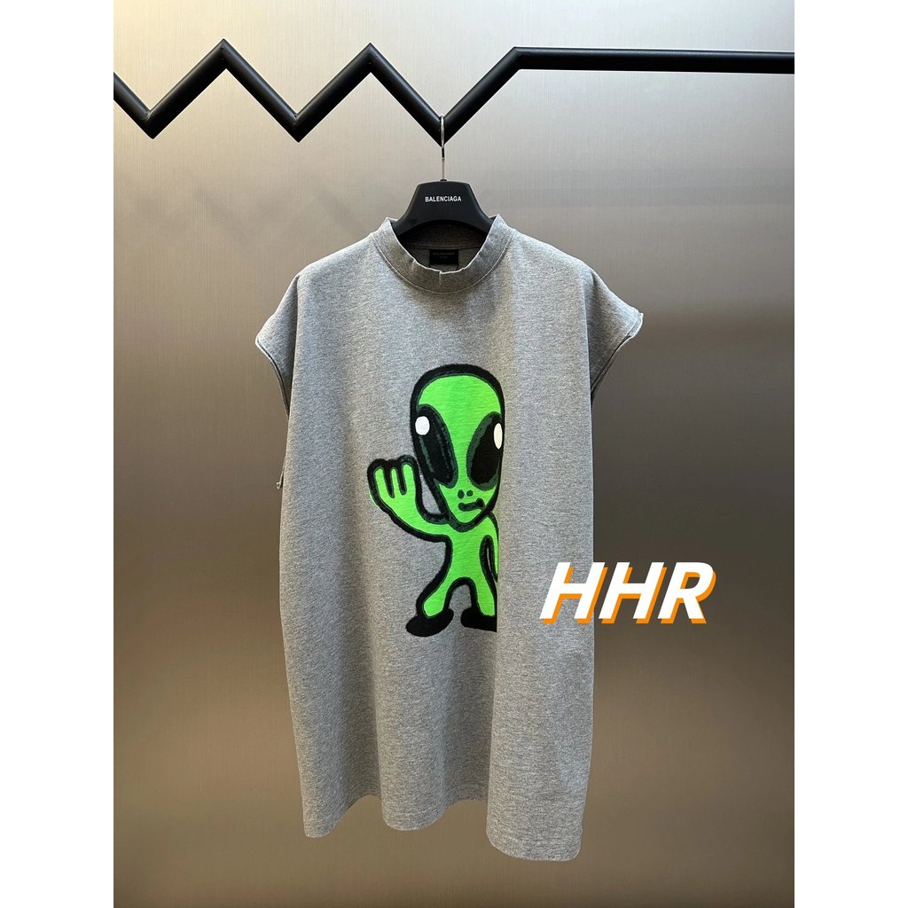 [รุ่นที่ถูกต้อง] Balenc1ag @/Paris Luminous Alien เสื้อแขนกุด SS25 ฤดูร้อนชุดสีทึบรอบคอรูปแบบเสื้อยื