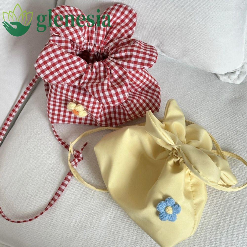 GLENESIA กระเป๋าหูรูดลายสก๊อต สไตล์เกาหลี พิมพ์ลายดอกไม้ กระเป๋าถือสะพายข้าง ขนาดใหญ่ พกพาสะดวก