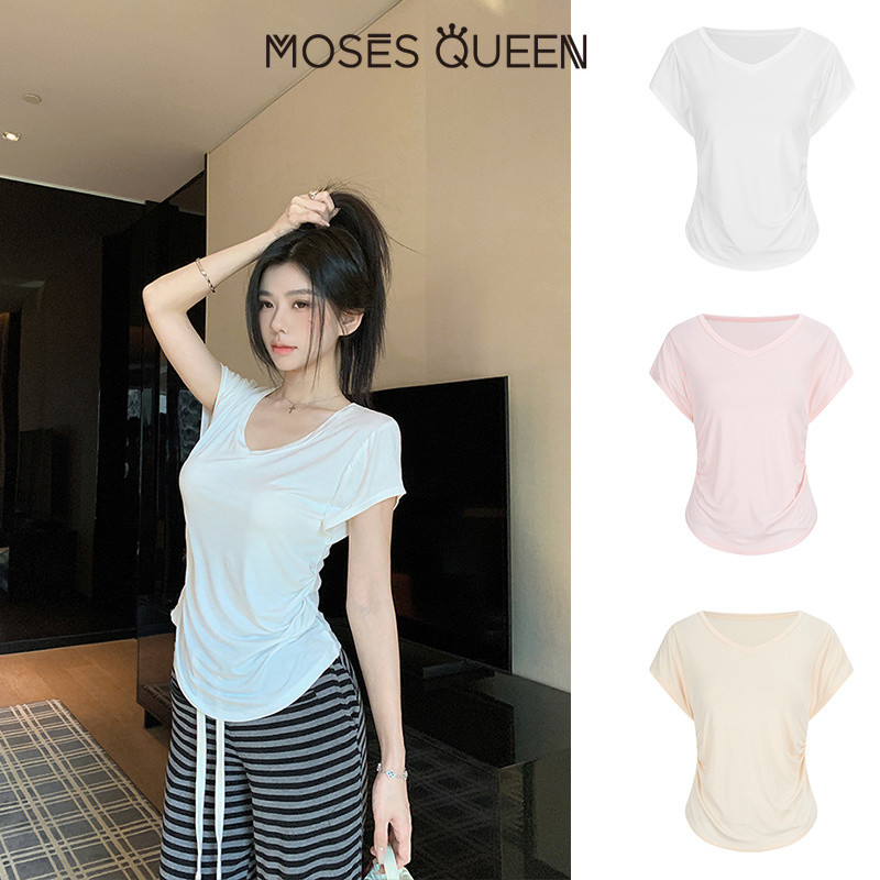 < MOSESQUEEN > ชุดเดรสฤดูร้อนคอวีสีตัวเดียว สำหรับสาวๆ ที่ชอบความร้อนแรง เสื้อผ้าแบบเสื้อยแขนสั้นเรียบง่ายและดูหรูหราเหมาะกับผู้หญิง #63421