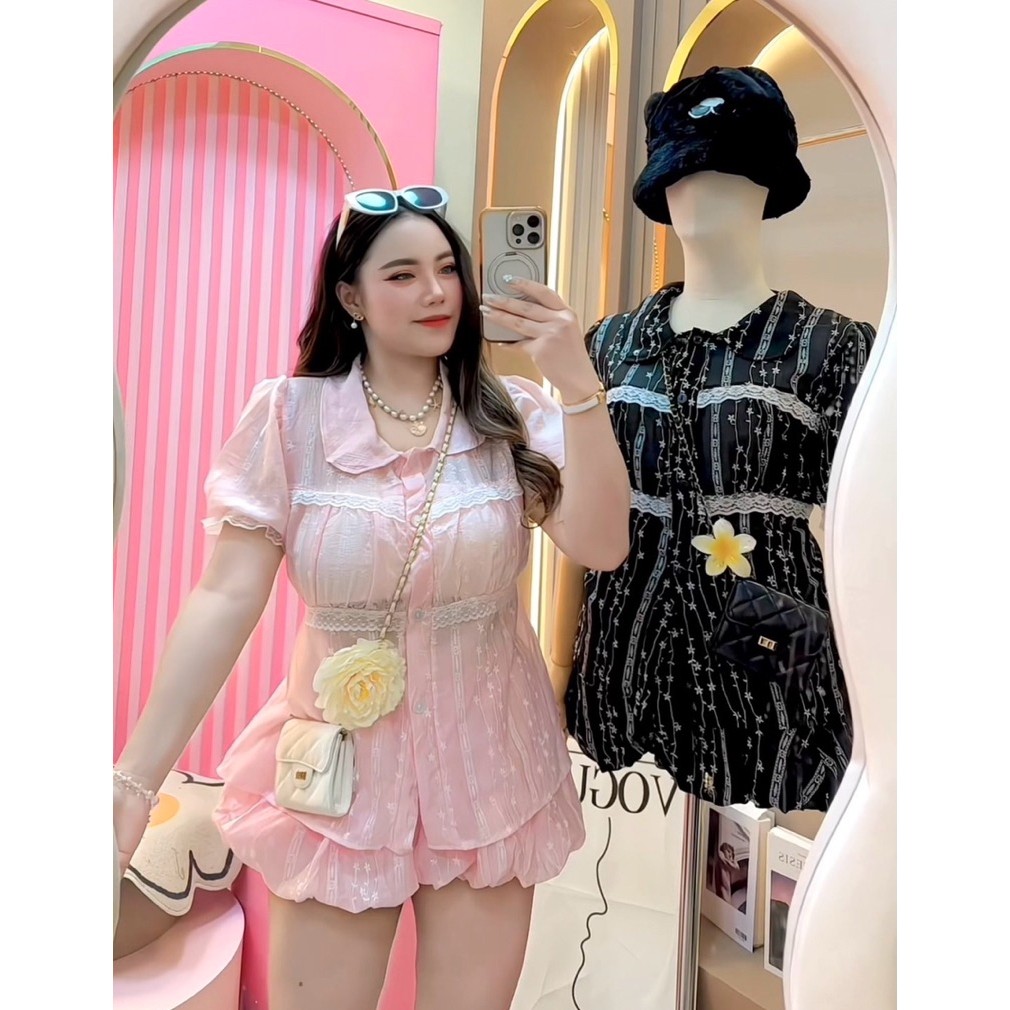 🩷SET 2ชิ้นเสื้อฉลุคอปก+กางเกงขาสั้น (ป3)🩷#สาวอวบ