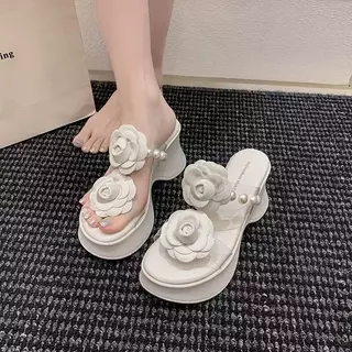 One for all พร้อมส่งจากไทย TX823 (แปดสองสาม) รองเท้าแตะส้นหนา หนา8cm ดอกกุหลาบมุก เพิ่มส่วนสูง ใส่เดรสสวย