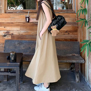 Lovito ชุดเดรสแฟชั่นแคชชวลแบบมีปุ่มสำหรับฤดูใบไม้ผลิ/ฤดูร้อน สีครีมอ่อน สำหรับผู้หญิง เกาหลี อินเทรนด์ L159AD070