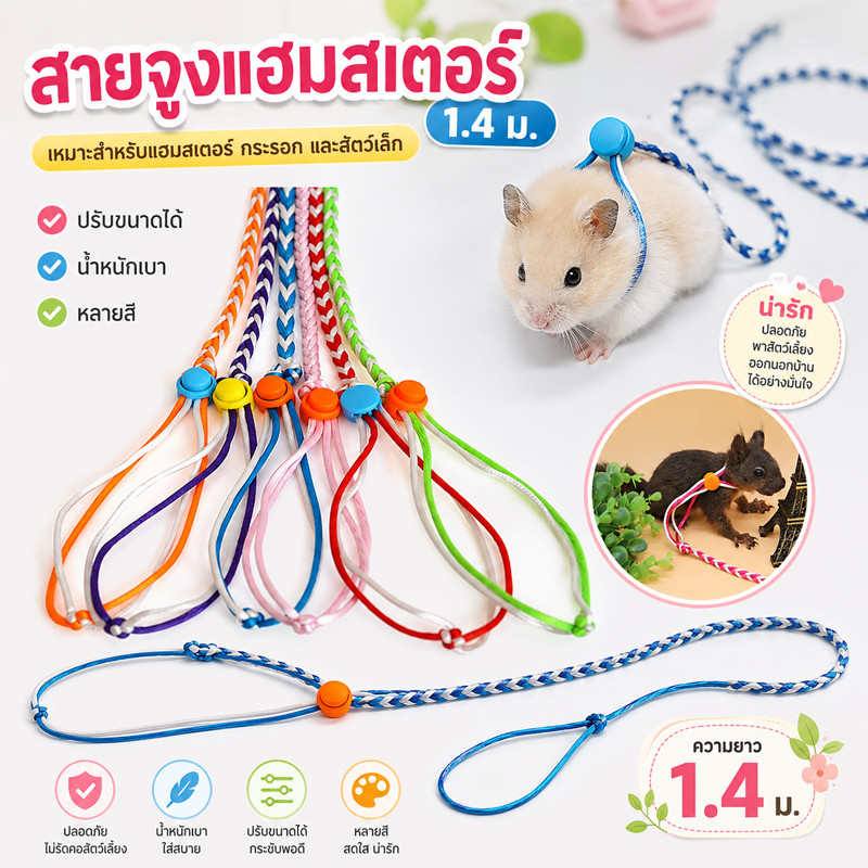 เชือกจูงสัดว์เล็ก ยาว1.4m สุ่มสี ที่จูงกระรอก เชือกจูงแฮมสเตอร์ เชือกจูงกระต่าย ที่จูงแฮมสเตอร์ เชือกจูงกระรอก