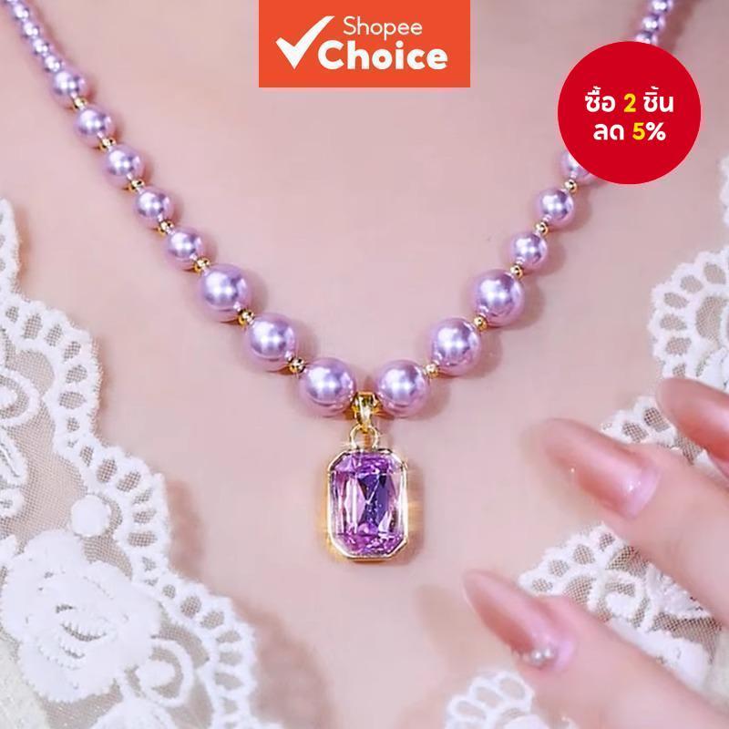 สร้อยคอจี้คริสตัลอเมทิสต์และมุกทรงสี่เหลี่ยมสไตล์มินิมอลสําหรับผู้หญิง, โซ่กระดูกไหปลาร้าไม่ก่อให้เกิดอาการแพ้ไม่ซีดจาง, เครื่องประดับประจําวันหรูหราของขวัญ