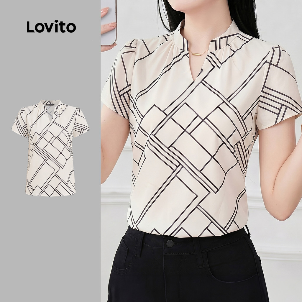 Lovito เสื้อเบลาส์สีแอปริคอตสุดประณีตสําหรับฤดูร้อน/ฤดูใบไม้ผลิ สไตล์ลําลองสําหรับการเดินทาง LK6ED60