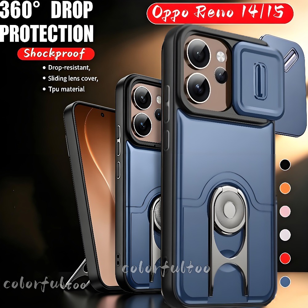 เลื่อนเลนส์กล้องป้องกันเคสโทรศัพท์สําหรับOppo Reno 14 15 Pro Max Mini 15Pro 15FS 14F Reno15 5Gเกราะกันกระแทกปลอกฮาร์ดพีซีกันชน360° หมุนผู้ถือแหวนโลหะปกหลัง