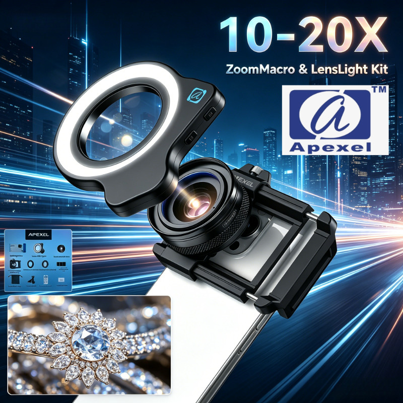 APEXEL Professional High-Definition 10-20X Zoom Macro Lens พร้อมเติมแสง เหมาะสําหรับสมาร์ทโฟน iPhone Galaxy และอุปกรณ์อื่นๆ อุปกรณ์เสริมการถ่ายภาพโทรศัพท์มือถือแบบพกพา