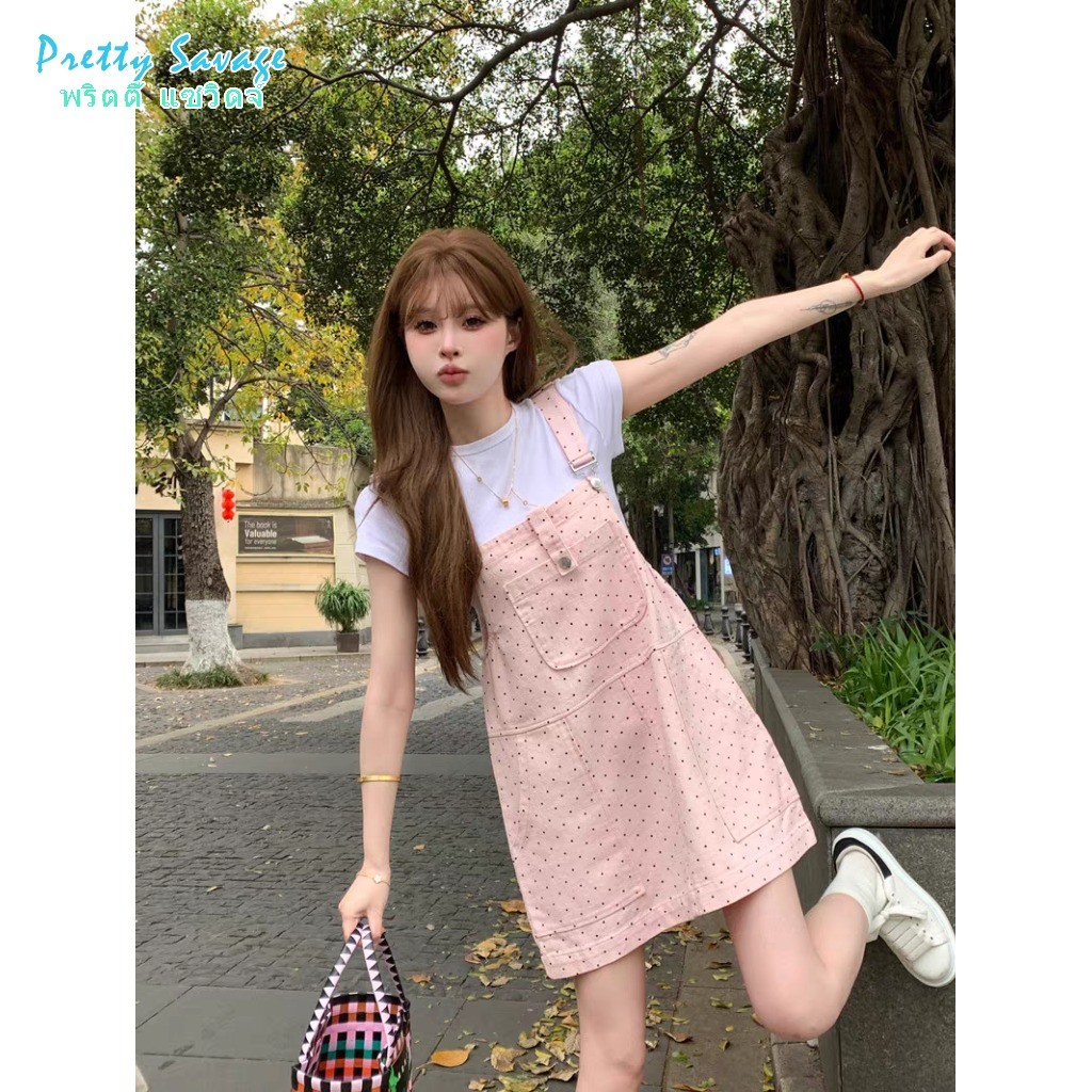 เอี๊ยมยีนส์เดรสผู้หญิง สไตล์วินเทจชมพู ทรงหลวมสั้น ฤดูร้อน ใหม่ ใส่เที่ยวสบาย น่ารัก