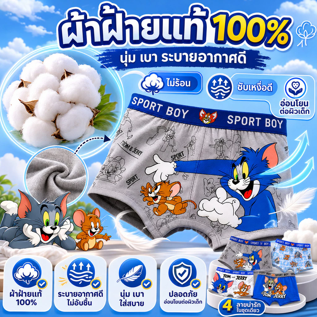 ชุดกางเกงในเด็กชาย 4 ตัว ลายน่ารัก ผ้านุ่ม ทนทาน ระบายอากาศดี ใส่สบาย ไม่อับชื้น เหมาะสำหรับใส่ทุกวัน