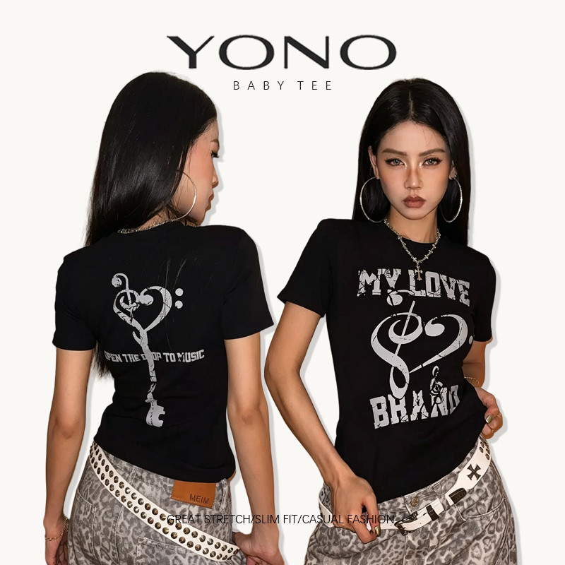(พร้อมส่ง24ชม.) baby tee สีดำ ลายโน้ตดนตรีหัวใจกุญแจ พิมพ์ลายหน้า-หลัง ฟีลสตรีทวินเทจ ทรงเข้ารูป ใส่เท่มีสไตล์