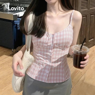 (New Arrival) Lovito เสื้อลําลองผู้หญิง สีชมพู เรียบง่าย มีปุ่มด้านหน้า สไตล์ลําลอง เหมาะสําหรับฤดูใบไม้ผลิ/ฤดูร้อน เกาหลี อินเทรนด์ L197AD1030