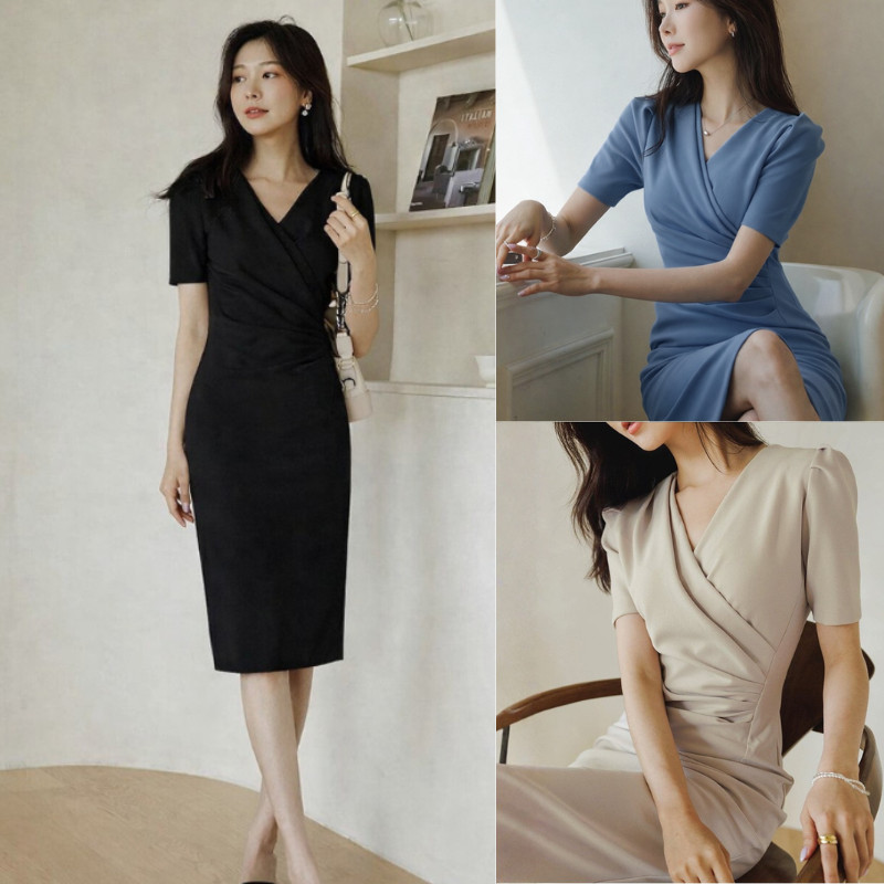 【S-4XL】 เดรสผู้หญิง เดรส คอวี ชุดออกงาน ชุดทำงาน สวยหรู เดรสยาว เดรสสาวอวบ เหมาะสำหรับสาวอวบ พลัสไซส์