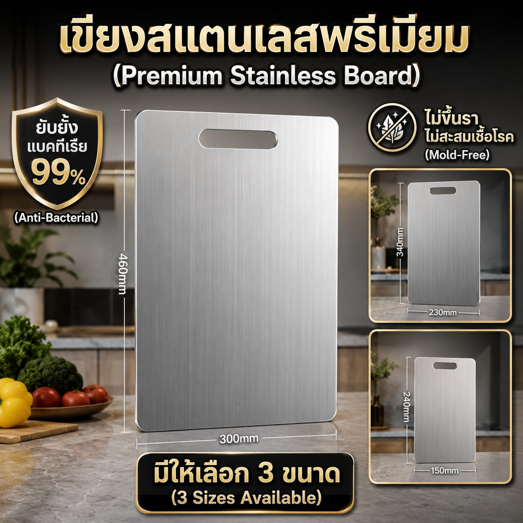 เขียงสแตนเลสอเนกประสงค์ เกรดพรีเมียม แข็งแรงทนทาน ไม่ขึ้นรา ไม่สะสมเชื้อโรค มีให้เลือก 3 ขนาด