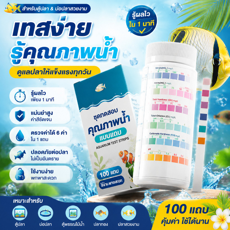 แถบทดสอบน้ำตู้ปลา 6 in 1 จำนวน 100 ชิ้น ตรวจค่า PH ไนไตรต์ ไนเตรต คลอรีน คาร์บอเนต และความแข็งของน้ำได้ครบ