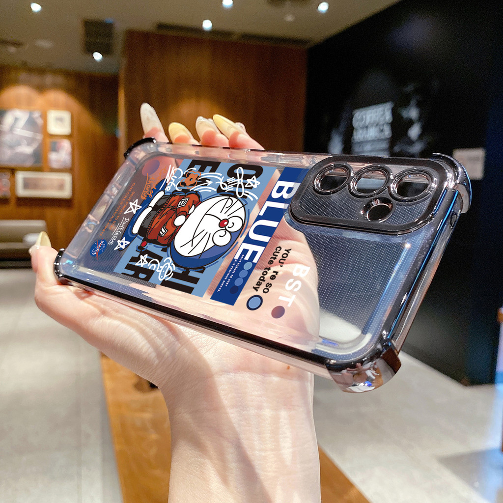 เข้ากันได้กับ Samsung Galaxy A17 A07 A15 A05 A35 A55 A14 A34 A56 A36 A06 A16 Cool Doraemon Clear Plating Case Anti Drop Cover
