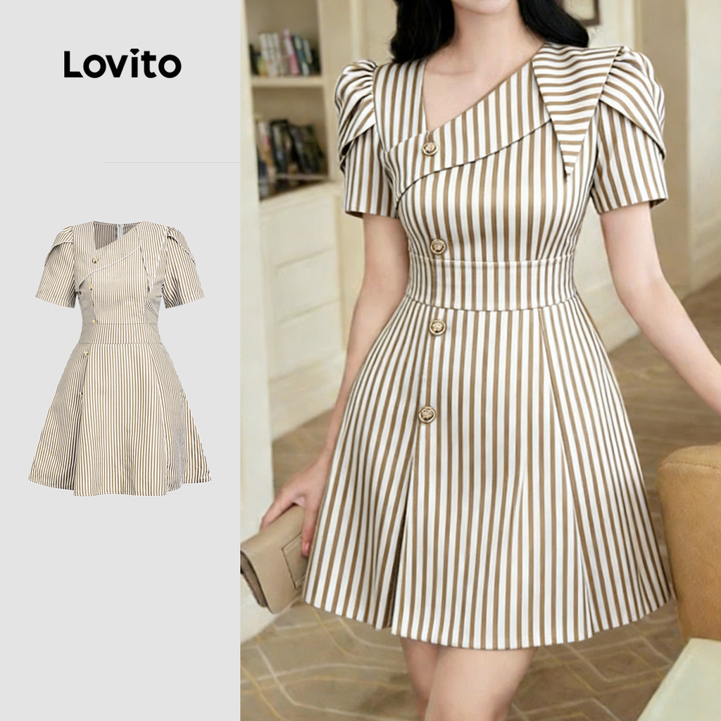 Lovito เดรสผู้หญิงทรงไม่สมมาตร พร้อมหัวเข็มขัดโลหะดีไซน์หรู เหมาะสําหรับฤดูใบไม้ผลิและฤดูร้อน L183ED127