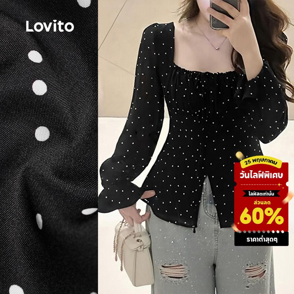 Lovito เสื้อเบลาส์ผู้หญิง ผูกเชือก สีดํา สไตล์ลําลอง ฤดูใบไม้ร่วง ฤดูหนาว งานศพ L159AD021