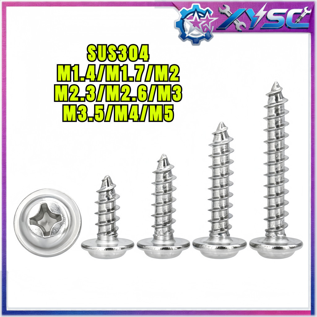 สกรู หัวกลม ติดแหวน แฉก JPW+ สเตนเลส 304 เกลียวปล่อย ปลายแหลม / Pan Head Washer Phillip Tapping Screw M1.4/M1.7/M2/M2.3/M2.6/M3/M3.5/M4/M5 * L3-50 มม.H8-xy5