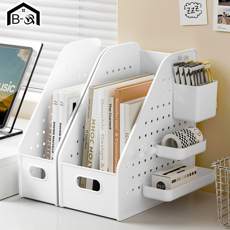 BHQ ชั้นวางหนังสือพลาสติก สีขาว วางเอกสาร A4 ตั้งโต๊ะ ประหยัดพื้นที่ เก็บหนังสือจัดระเบียบโต๊ะทำงาน