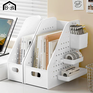 BHQ ชั้นวางหนังสือพลาสติก สีขาว วางเอกสาร A4 ตั้งโต๊ะ ประหยัดพื้นที่ เก็บหนังสือจัดระเบียบโต๊ะทำงาน