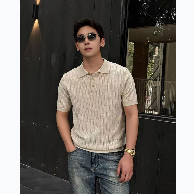 เงินเก่าสไตล์ Hollow Jacquard POLO เสื้อผู้ชายแขนสั้นฤดูร้อนถักผ้าลินิน Tencel Breathable ลายเสื้อยืด
