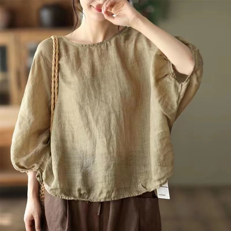 เสื้อท็อปผ้าฝ้ายผสมลินิน แขนทรงปีกค้างคาว (Batwing)