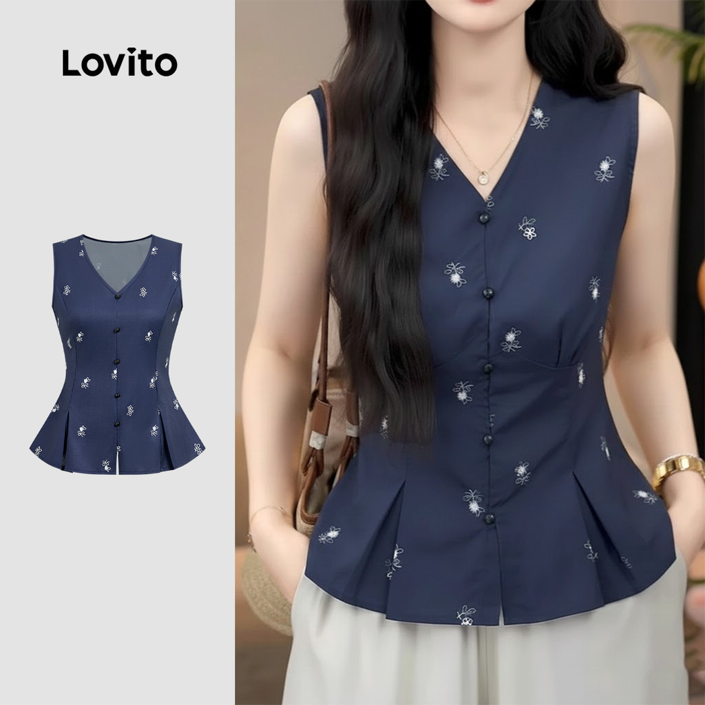 Lovito เสื้อลำลองคอระบายผูกโบว์สีเทาสำหรับผู้หญิง เหมาะสำหรับฤดูใบไม้ผลิ/ฤดูร้อน L179AD009