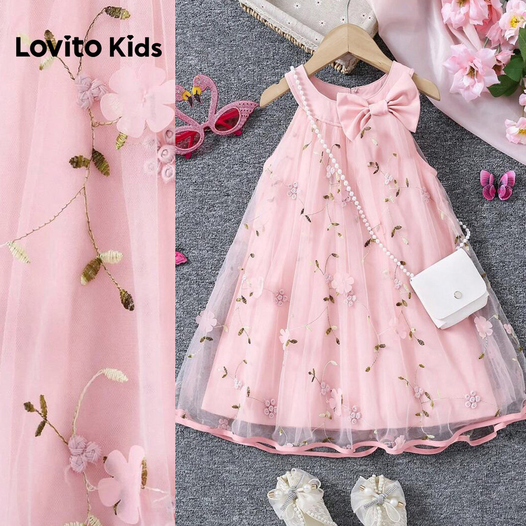 Lovito Kids ชุดเดรสสีชมพูฤดูใบไม้ผลิ/ฤดูร้อนแบบเรียบหรู ผูกโบว์ประดับแอพพลิเค่ สําหรับเด็กผู้หญิง L192AD009