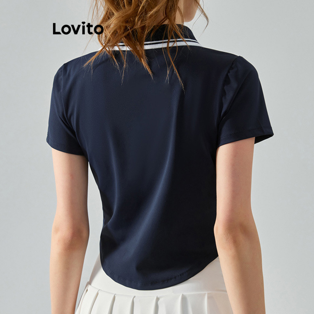 (Trendy) Lovito สปอร์ตตี้Sports เสื้อยืดสีพื้นสีตัดกันการผูกมัดSports T Shirts สำหรับผู้หญิง LNL75022