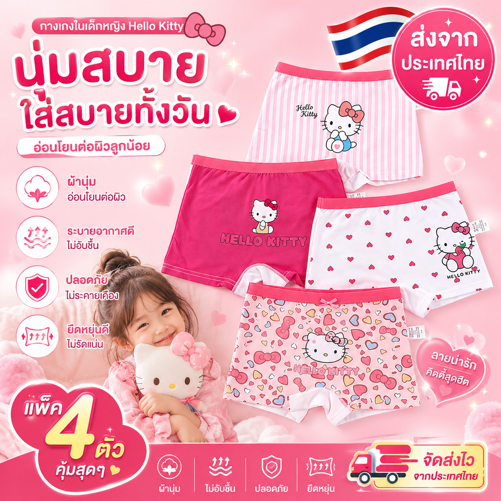 【พร้อมส่งจากกรุงเทพ】กางเกงในเด็กผู้หญิง 4 ชิ้น ผ้านุ่มระบายอากาศ ใส่สบาย สำหรับเด็กอายุ 2-14 ปี