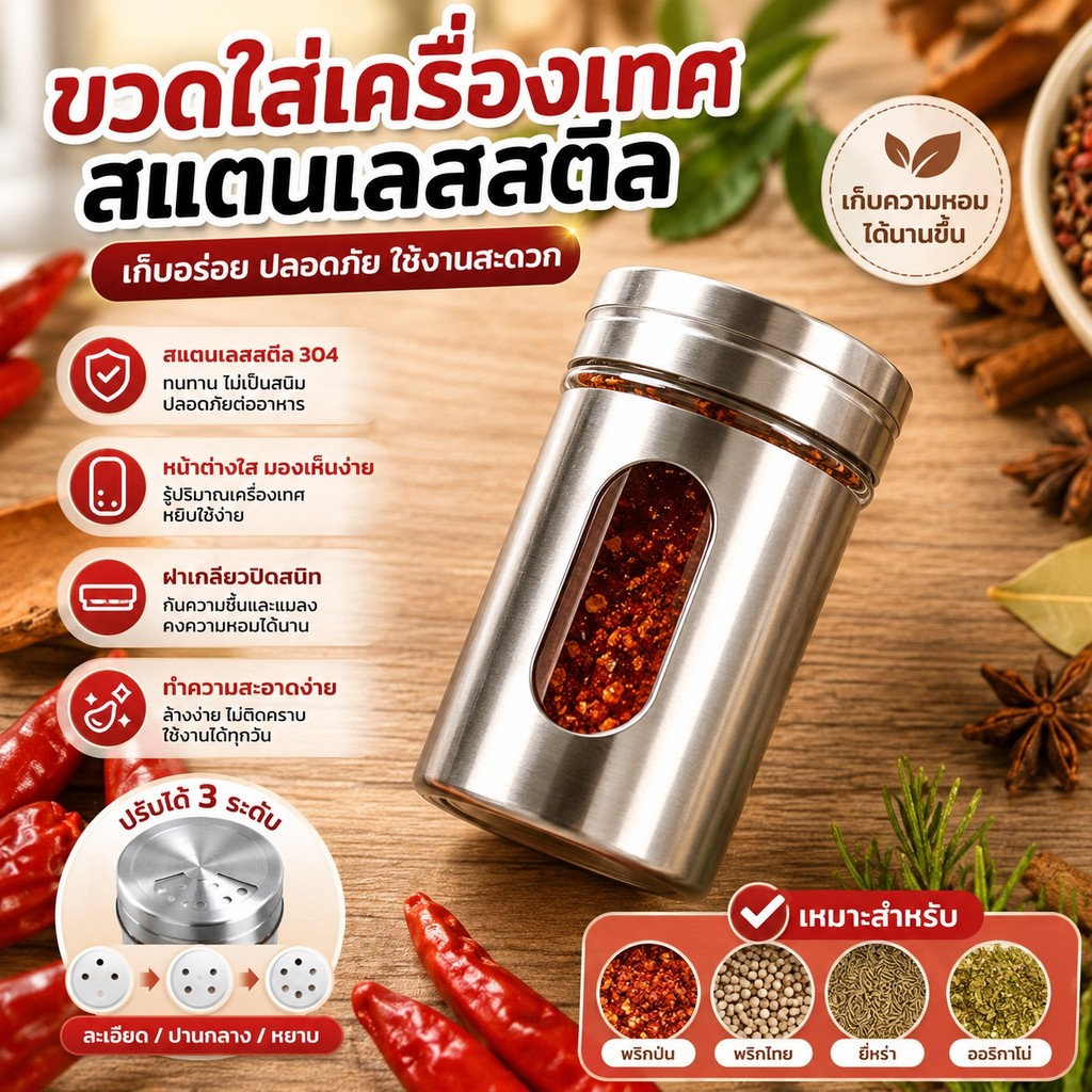 🌿กระปุกเก็บเครื่องเทศสแตนเลสไม่เป็นสนิม หน้าต่างโปร่งใส จัดเก็บเครื่องปรุงเป็นระเบียบ 🥄S00219