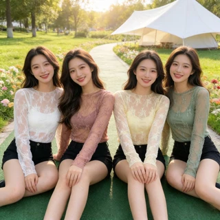 เสื้อยืดแขนยาวซีทรูผ้าลูกไม้ ดีเทลคอปีนแต่งระบาย