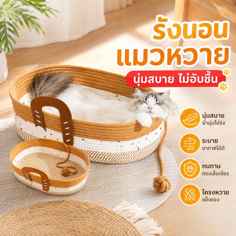 ที่นอนแมว เบาะแมว ตะกร้าแมวหวาย เสื่อแมว ระบายอากาศ ลับเล็บแมว นุ่มเย็น ซักง่าย นอนสบาย