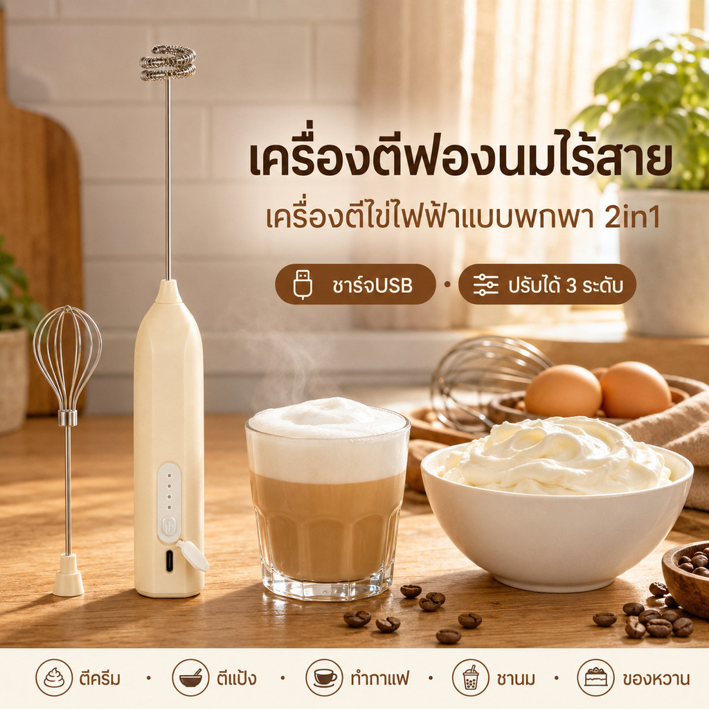 เครื่องตีฟองนมไร้สาย เครื่องตีไข่ไฟฟ้าแบบพกพา 2in1 ชาร์จUSB ปรับได้ 3 ระดับ ตีครีม ตีแป้ง ทำกาแฟ ชานม ของหวาน
