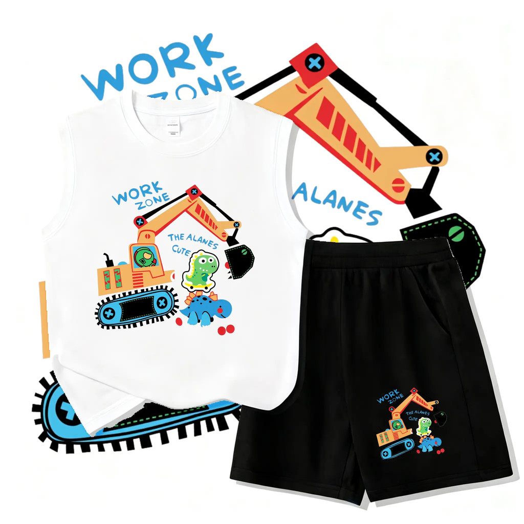 รถขุดสีส้มและตัวละครน่ารักพร้อมคําว่า WORK ZONE และ THE ALANES CUTE บนเสื้อผ้าทรงแขนสั้นและกางเกงขาสั้น Acryli