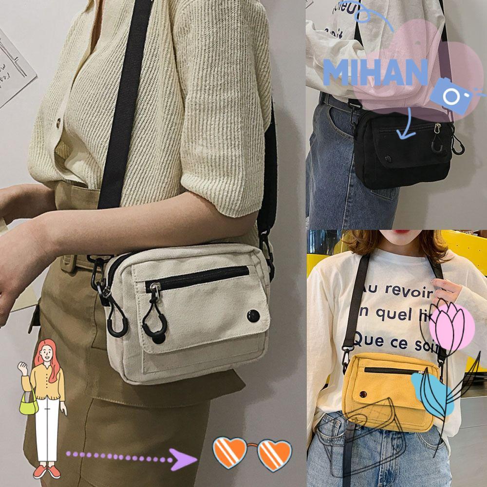 MIHAN กระเป๋า Messenger, กระเป๋าสะพายผ้าใบมัลติฟังก์ชั่นสีบริสุทธิ์, แฟชั่นผ้าใบซิปกระเป๋าถือลําลองผู้หญิงผู้ชาย