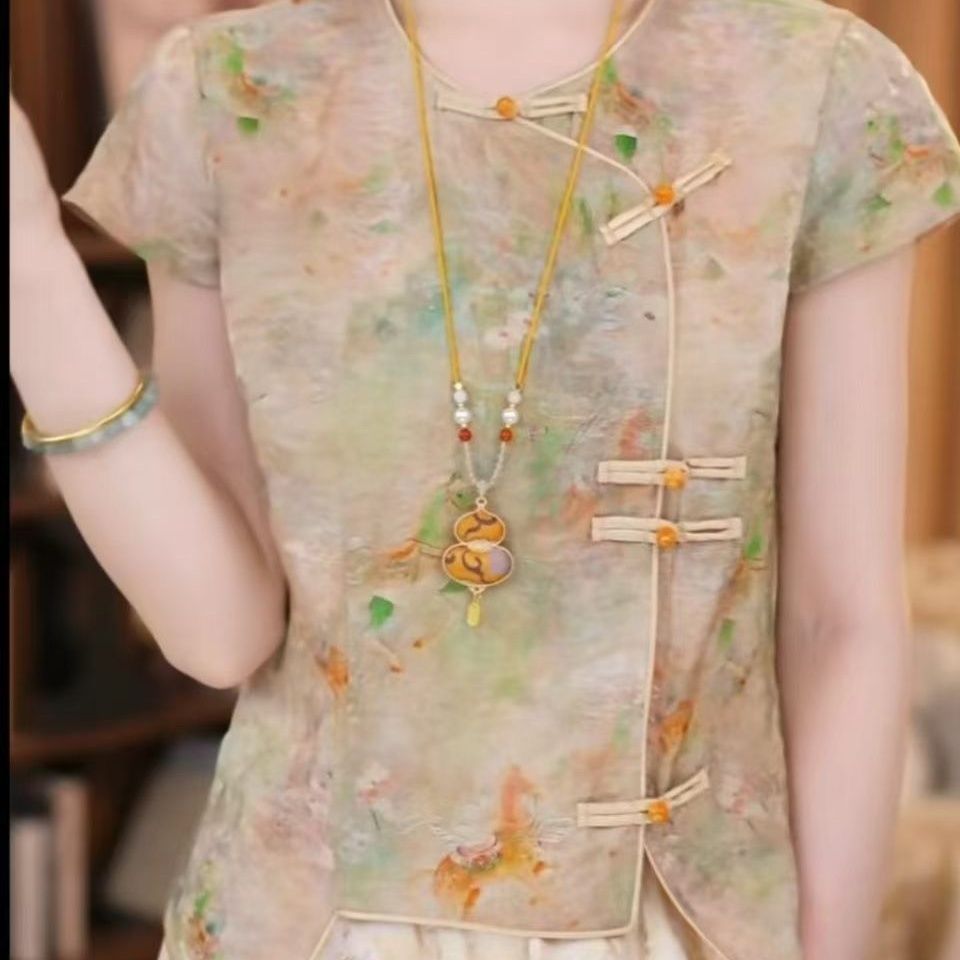 เสื้อเชิ้ตสไตล์จีนใหม่เสื้อเชิ้ตแขนสั้นหัวเข็มขัดพิมพ์ลายผู้หญิงสไตล์จีนเสื้อสลิมมิ่งฤดูร้อนด้านบน