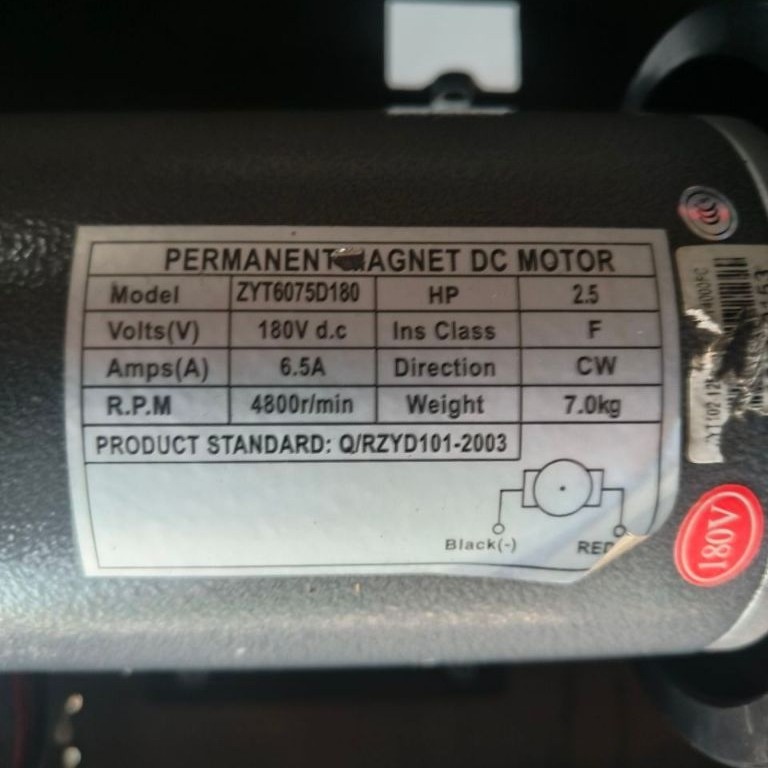 PERMANENT MAGNET DC MOTOR MODEL:ZYT6075D180 POWER:2.5HP VOLTS 180vdc แอมป์ 6.5A RM:4800r/นาที
