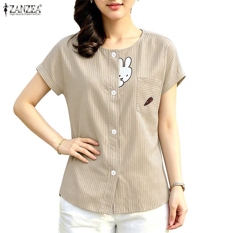 ZANZEA ผู้หญิงเกาหลีฤดูร้อนสบายๆลูกเรือคอ Raglan แขนกระต่ายพิมพ์ปุ่มขึ้นเสื้อลาย — صورة 6