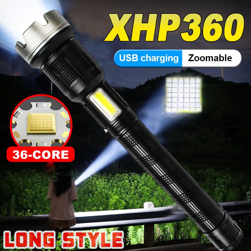 High Power XHP360 ไฟฉาย LED Super Bright 36-CORE ไฟฉาย USB ชาร์จ Zoomable โคมไฟสําหรับการล่าสัตว์ตั้
