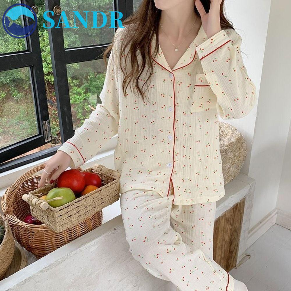 SANDR Cherry Pyjamas Women, Ruffle Nightdress Sweet Pyjamas Suit,สบายหลวมLapel Two Pieceชุดนอนสาว