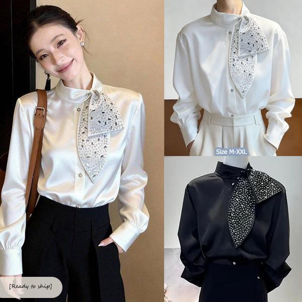 mimi-เสื้อเชิ้ตผ้าซาติน ดีไซน์ผูกโบว์ แขนยาว ไซส์ใหญ่ หรูหราและดูดีมีระดับประดับเพชรเทียมแบบงานประณีต ใส่ทำงานได้#99432