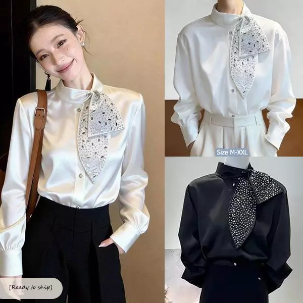 mimi-เสื้อเชิ้ตผ้าซาติน ดีไซน์ผูกโบว์ แขนยาว ไซส์ใหญ่ หรูหราและดูดีมีระดับประดับเพชรเทียมแบบงานประณีต ใส่ทำงานได้#99432